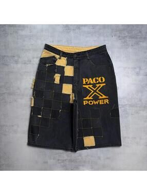 Y2K Black Paco Jeans Grunge Baggy Honeycomb Patchwork Skater Denim Jorts